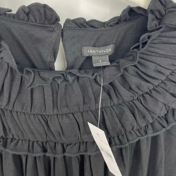 Ann Taylor Ruffle Boho Dress Black Small NWT Stretch Flowy - Picture 7 of 8